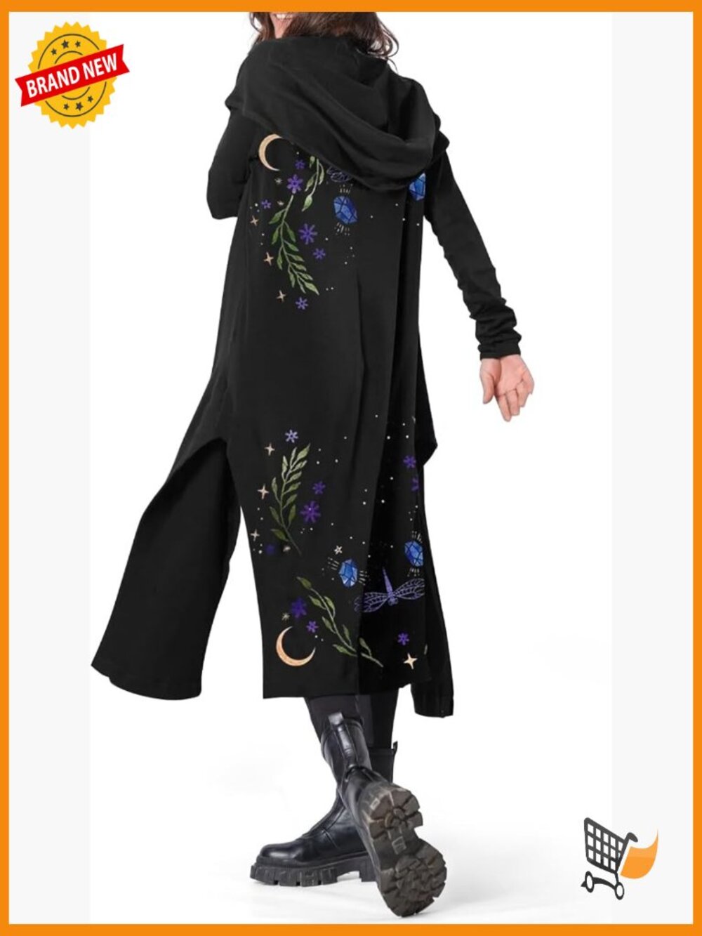 Long Hooded Embroidered Cardigan Sweater Flowing Open Front